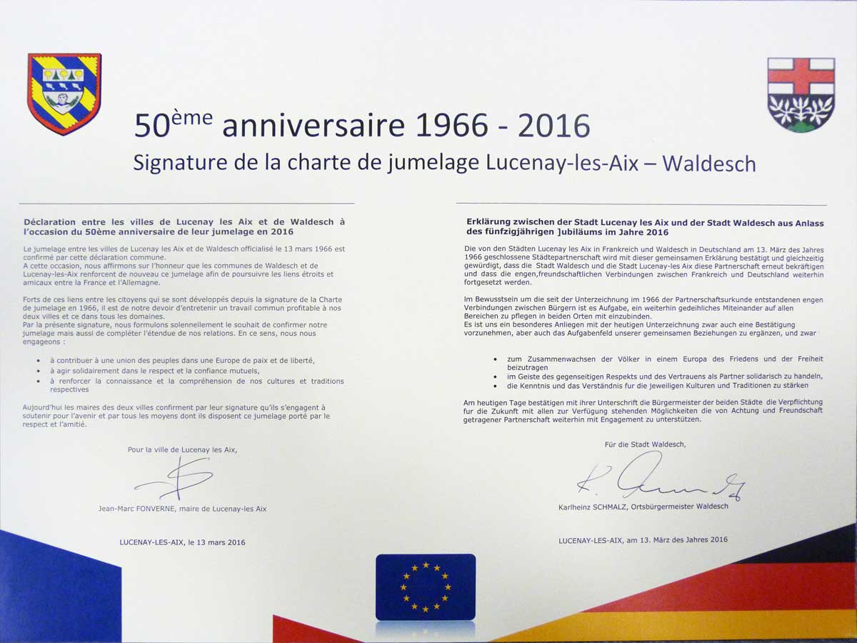 Urkunde 50 Jahre Partnerschaft Waldesch-Lucevay-Les-Aix